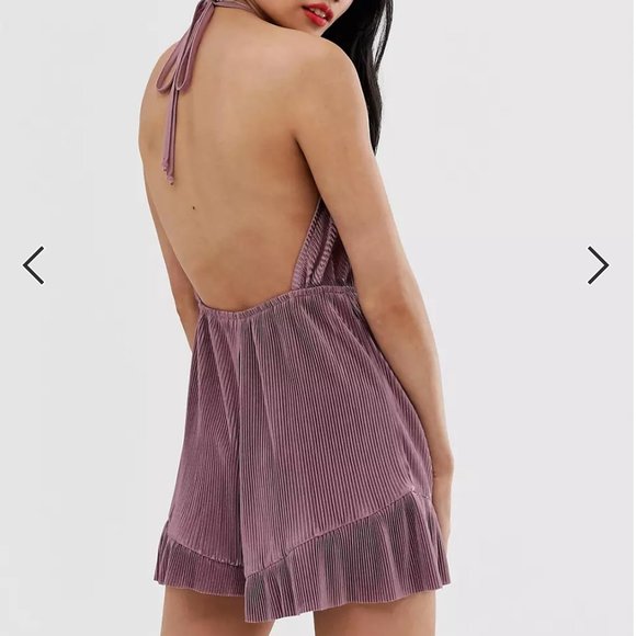 ASOS Petite Plisse V-Neck Halter with Frill Hem Romper - Picture 9 of 9